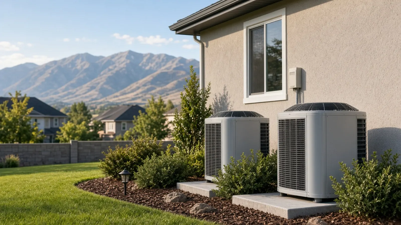 Air conditioning units beside a home with mountains behind it