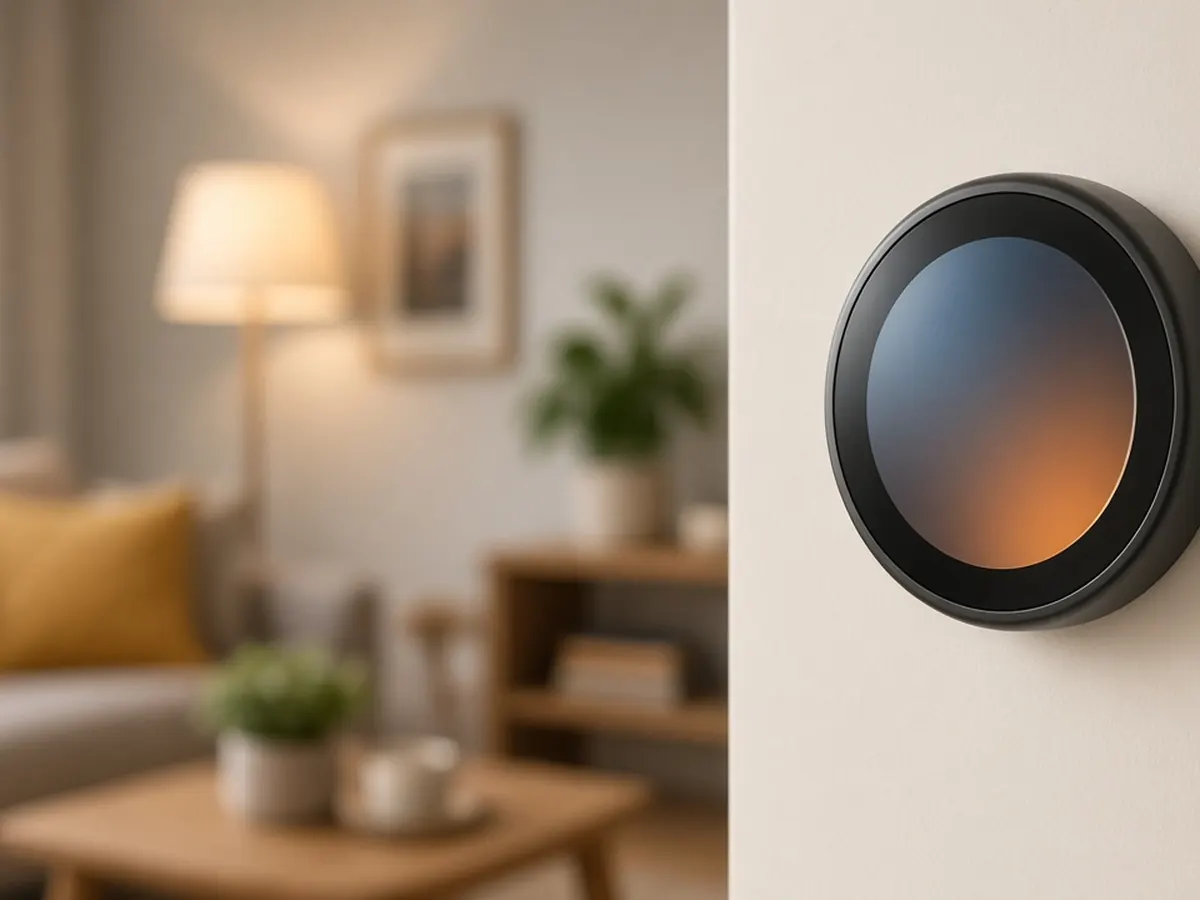 Smart thermostat on a living room wall